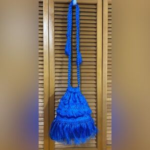 Blue fabric, crossbody purse with tassels